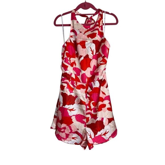 Lulus Romper Womens Large Red Instantly Iconic Abstract Print Satin Halter NWT - Picture 1 of 9